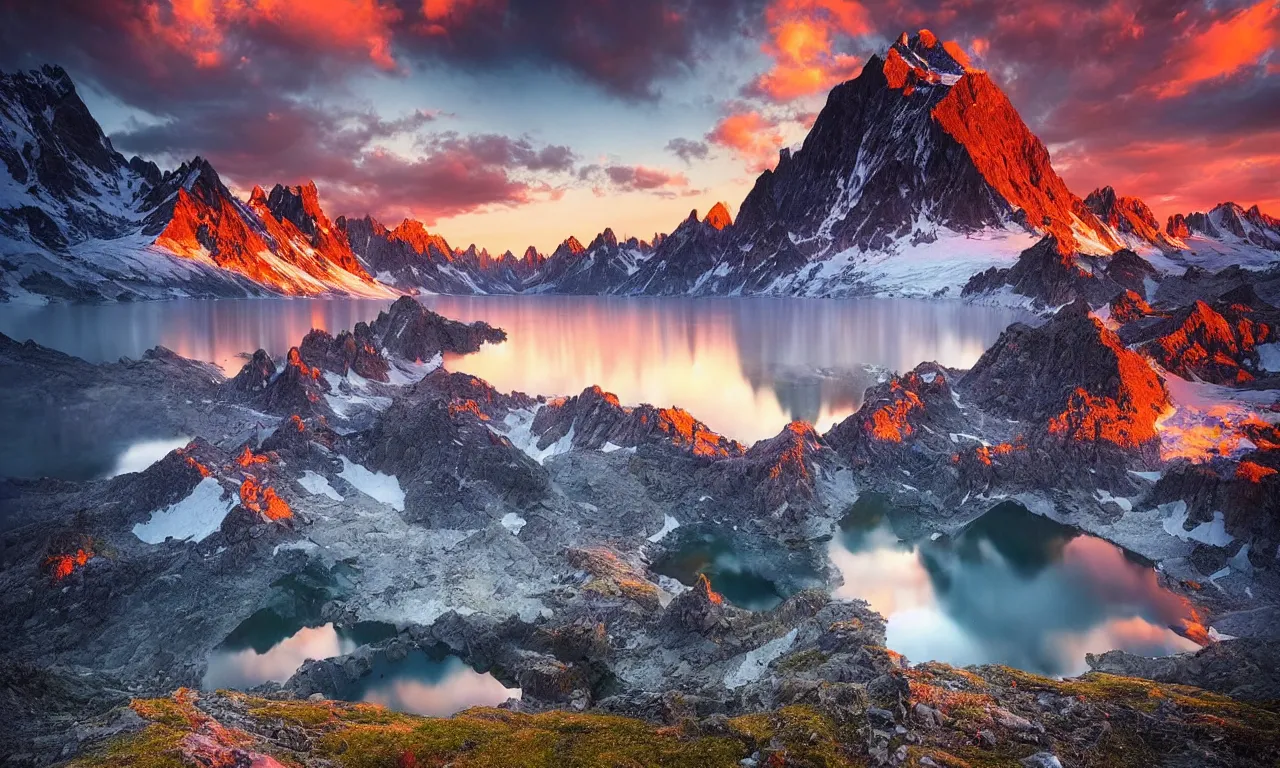 Image similar to amazing landscape photo of mountains with lake in sunset by marc adamus, beautiful dramatic lighting