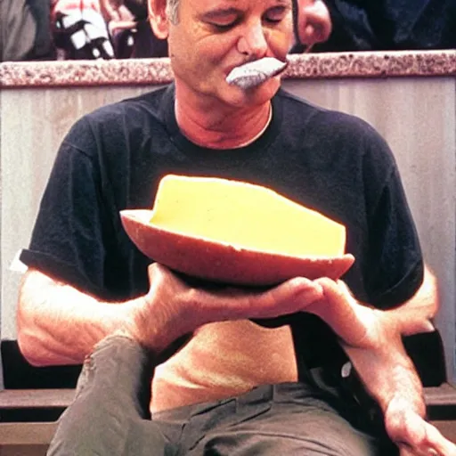 Image similar to bill murray eating a large wheel of cheese,