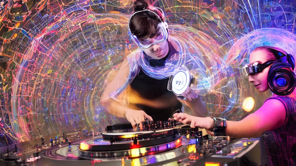 Image similar to a woman wearing goggles and visor and headphones using an intricate clockwork record player turntable contraption, wires and tubes everywhere, turntablism dj scratching, intricate planetary gears, cinematic, imax, sharp focus, led light strips, bokeh, iridescent, black light, fog machine, hazy, computer screens, lasers, light trails, hyper color photograph