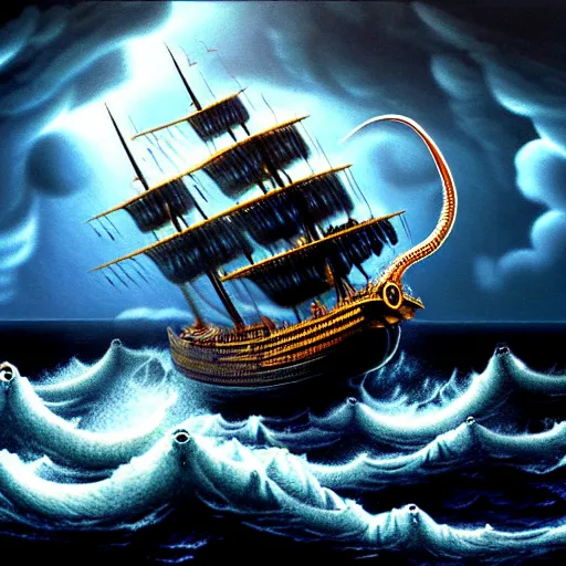 Image similar to a highly detailed hyperrealistic scene of a ship being attacked by giant squid tentacles, jellyfish, squid attack, dark, voluminous clouds, thunder, stormy seas, pirate ship, dark, high contrast