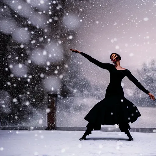 Prompt: beautiful woman dancing flamenco while snowing on snow