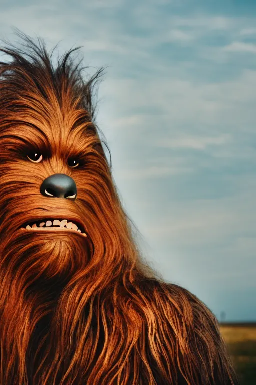 Image similar to photographic portrait of chewbacca with a comb-over blowing in the wind, trying to disguise his balding head, cinematic photography, 35mm, evening light
