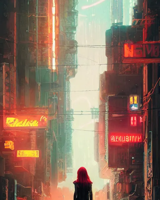 Image similar to a highly detailed epic cinematic concept art CG render digital painting artwork: A girl with a red hair in neon cyberpunk city. By Greg Rutkowski, in the style of Francis Bacon and Syd Mead and Norman Rockwell and Beksinski, open ceiling, highly detailed, painted by Francis Bacon and Edward Hopper, painted by James Gilleard, surrealism, airbrush, Ilya Kuvshinov, WLOP, Stanley Artgerm, very coherent, triadic color scheme, art by Takato Yamamoto and James Jean