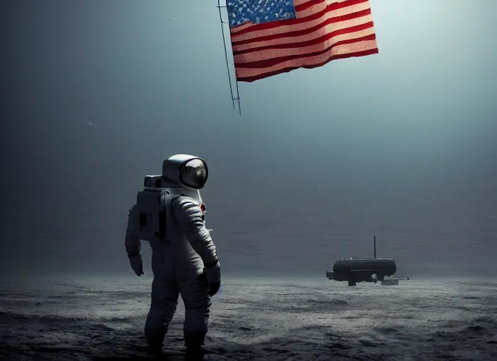 Image similar to astronaut holding a flag in an underwater desert. a submarine is visible in the distance. dark, concept art, cinematic, dramatic, atmospheric, 8 k, trending on artstation, blue, fish, low visibility, fog, ocean floor, christopher nolan, interstellar