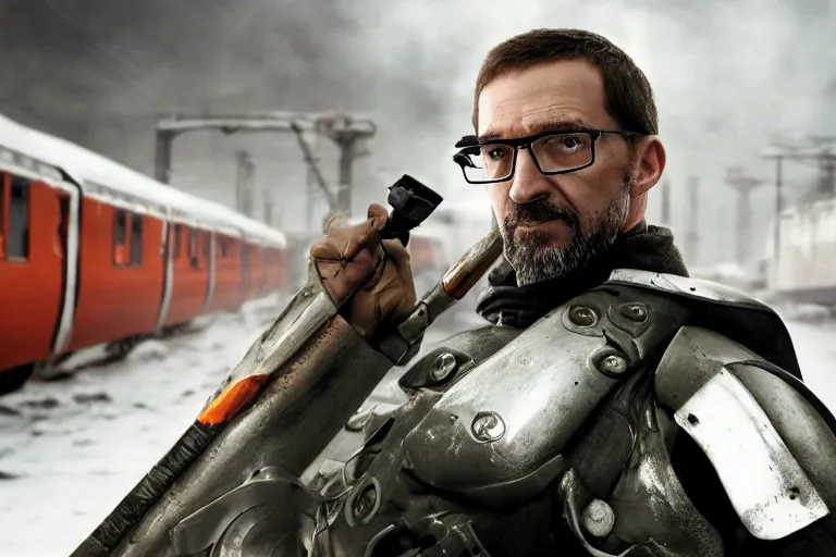 Image similar to vfx movie closeup real life gordon freeman holding wearing futuristic armor, half life logo on chest, crowbar in russian train yard by emmanuel lubezki