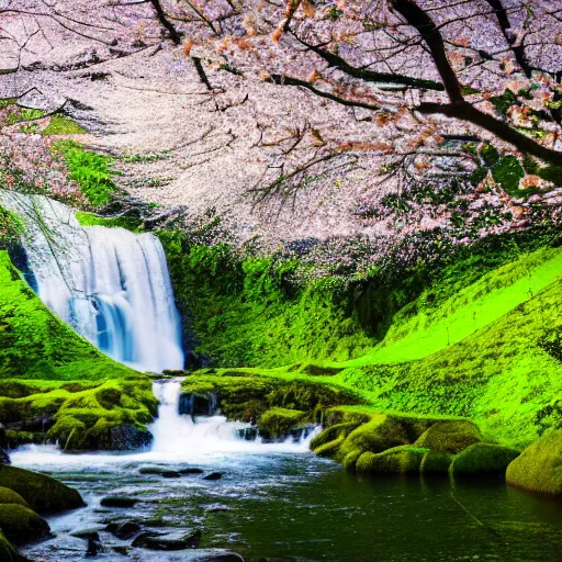 Image similar to a majestic cinematic realistic photoshoot of a beautiful forest with waterfalls, beautiful blue sky's, and birds, with a giant cherry blossom tree in the center, 4 k, coherent, incredibly detailed