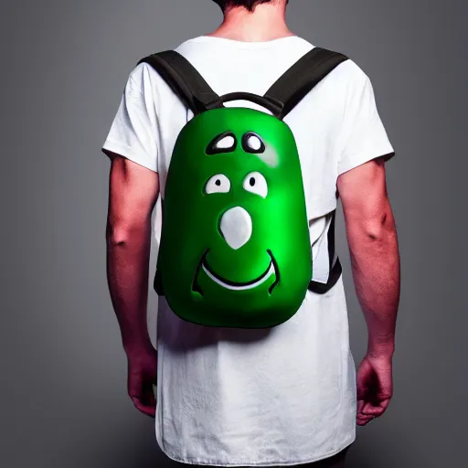Image similar to A green backpack with muscular human limbs smiling, studio lighting, 8k, trending on artstation