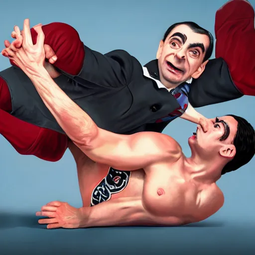 Image similar to A wrestling match between Mr. Bean and Peewee Herman, hyperrealistic, realistic, highly detailed, very detailed, extremely detailed, HD Quality, 8k resolution, digital art, oil painting, trending on artstation, epic, jagged edges and thick black outlines