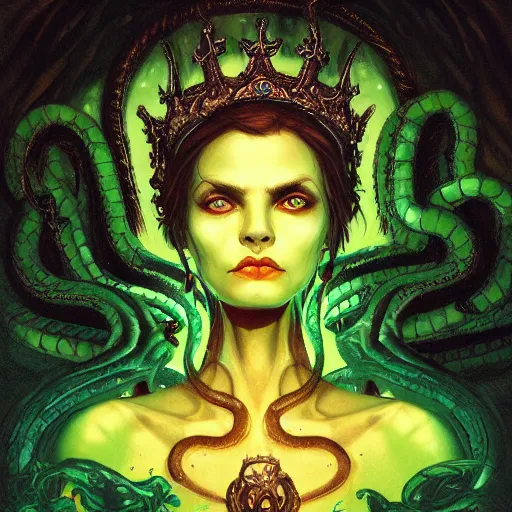 Image similar to portrait of a necromancer queen with a crown of snakes, dark skin, looking up, kneeling, despair, dramatic lighting, blue and green, by Anato Finnstark, Tom Bagshaw, Brom