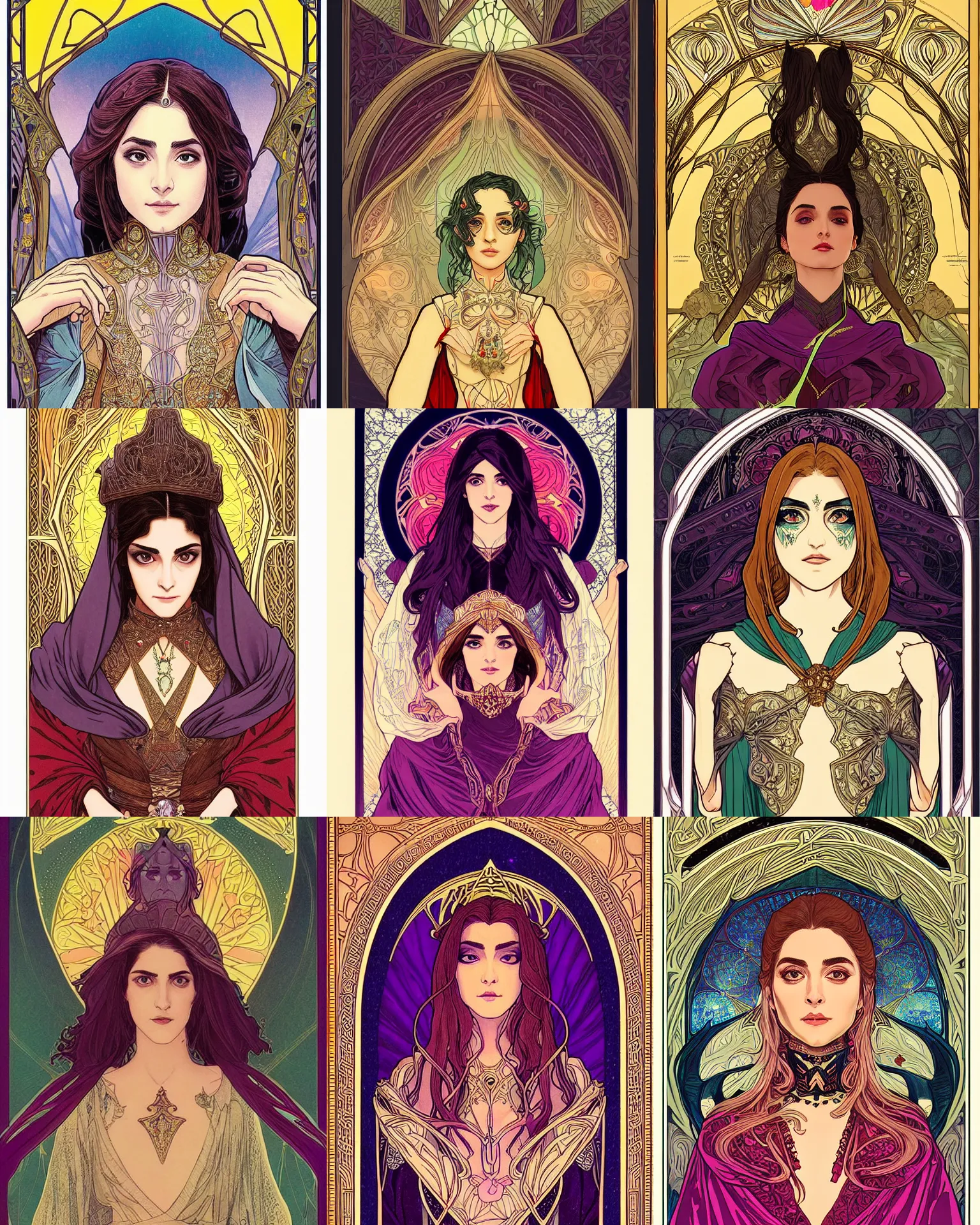 Prompt: masterpiece symmetrical centered bust-view portrait, Maya Ali as D&D sorcerer, single head, Neo-Gothic, Art Nouveau style, cell shaded, wizard robe, fantasy, delicate, elegant, in the style of Moebius ROSSDRAWS and Alphonse Mucha and Ayami Kojima, tarot card style, rich bright colours