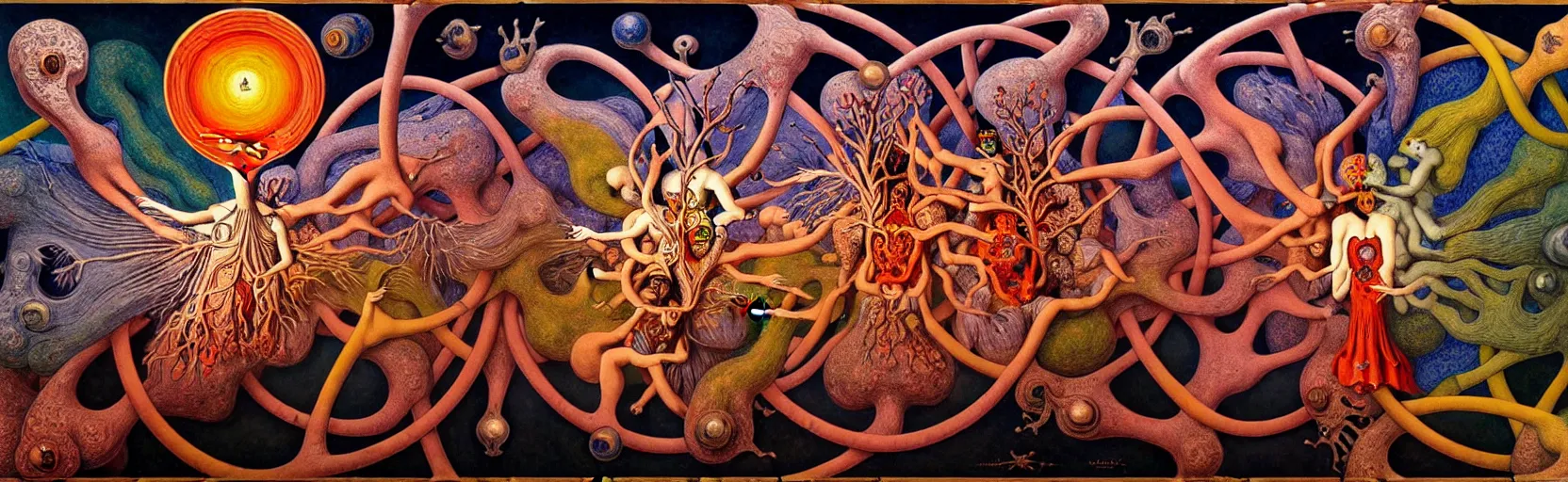 Image similar to mythical war between inner and outer forces in the visceral anatomical human heart imaginal realm of the collective unconscious, in a dark surreal mixed media oil painting by johfra, mc escher and ronny khalil, dramatic lighting from inner fire, 3 0 s cartoons by haeckel