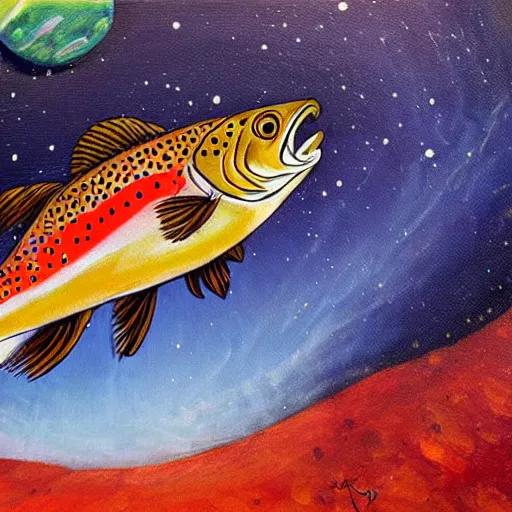 Prompt: a painting of a trout swimming in outer space, Derek DeYoung