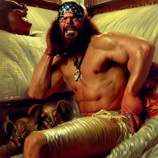 Prompt: macho man randy savage ring gear is in his bed, nervous and terrified, because miss elizaneth from hell is attacking him. highly detailed painting by gaston bussiere, j. c. leyendecker, greg rutkowski, craig mullins 8 k
