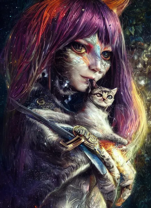 Image similar to a humanoid cat with a sword, Atmospheric beautiful by Stanley Artgerm, Tom Bagshaw, Arthur Adams, Carne Griffiths, trending on Deviant Art, street art, face enhance, chillwave, maximalist, full of color, glittering, 8k, hd
