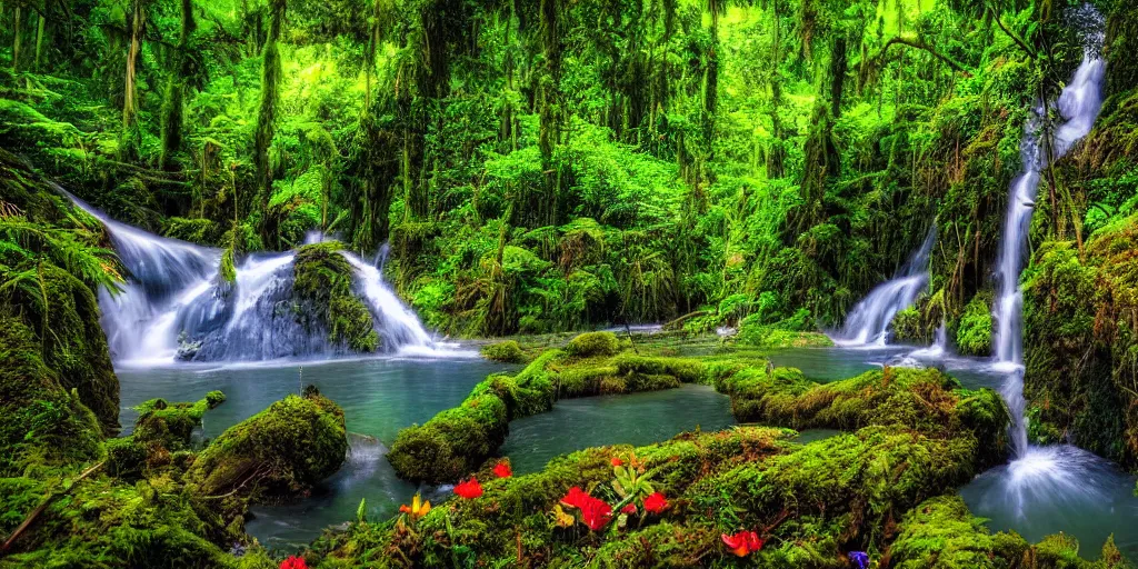 Image similar to beautiful stunning rainforest landscape with lake and waterfall and colorful flowers 4k hdr photography