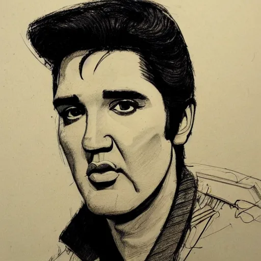 Image similar to a realistic yet scraggly portrait sketch of the side profile of a stern and sophisticated elvis presley, trending on artstation, intricate details, in the style of frank auerbach, in the style of sergio aragones, in the style of martin ansin, in the style of david aja, in the style of mattias adolfsson