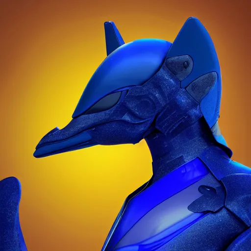 Prompt: very very beautiful furry art, bust profile picture of a male robotic anthro dolphin, synthetic cetacean hybrid android, face covered by dark fully opaque visor, wide bottlenose snout below visor, sleek round shapes, all ultramarine metal, integrated design, commission on furaffinity, cgsociety, octane render, sea in background