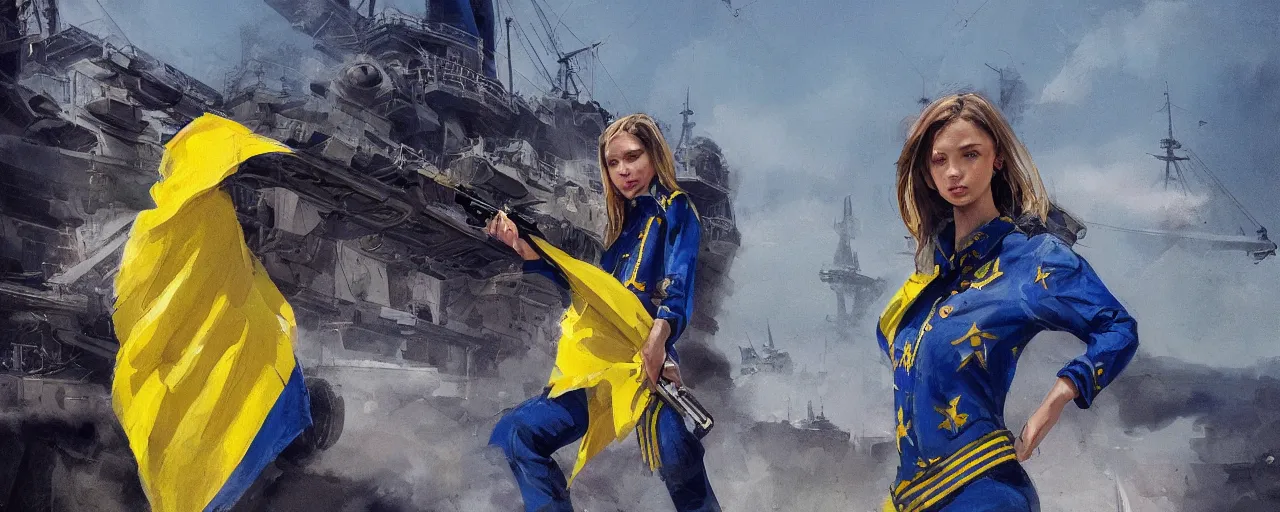 Image similar to third person views of a Ukrainian girl in national clothes with blue and yellow stripes in her hair and gun in her hands ready to fight standing against a huge Russian flag warship, concept art, highly detailed, smooth, sharp focus, illustration, wide shot, cinematic, 8k, art by Greg Rutkowski, trending on Artstation