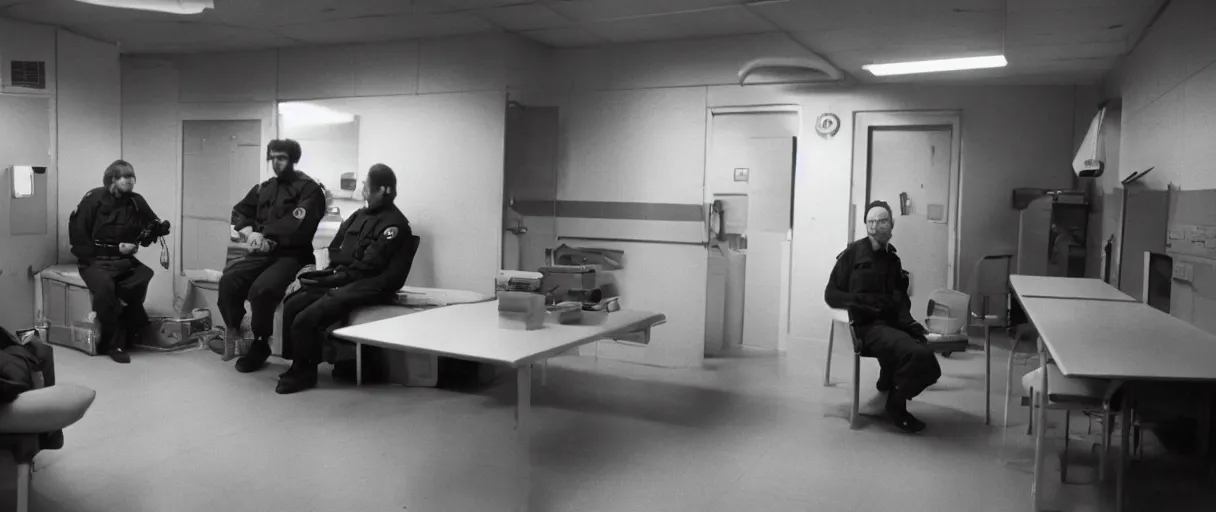 Image similar to filmic wide shot movie still 4 k hd interior 3 5 mm film color only photograph of two armed guards sitting down and talking in a break room in a military base, in the style of the horror film the thing 1 9 8 2