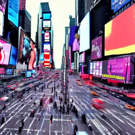 Image similar to cctv footage of times square, high angle security camera feed, blurry and glitchy,