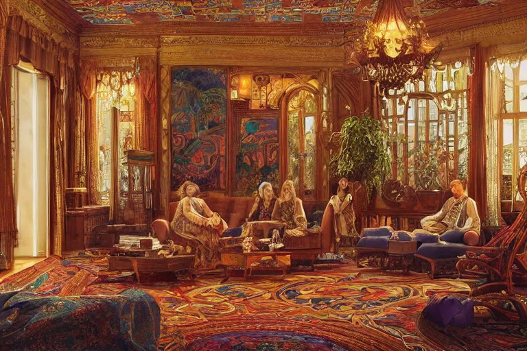 Prompt: a bohemian parlor with sunbeams streaming in from tall windows, by Donato Giancola and Ludwig Deutsch and Evelyn De Morgan, floral embroidery, carved wood, oriental carpets,rich deep color, dramatic cinematic lighting, featured on Artstation, cgsociety, unreal engine