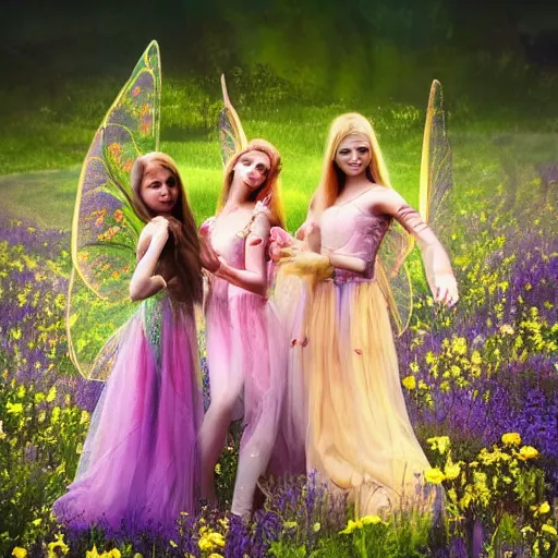 Prompt: photo of beautiful fairies in a heavenly meadow