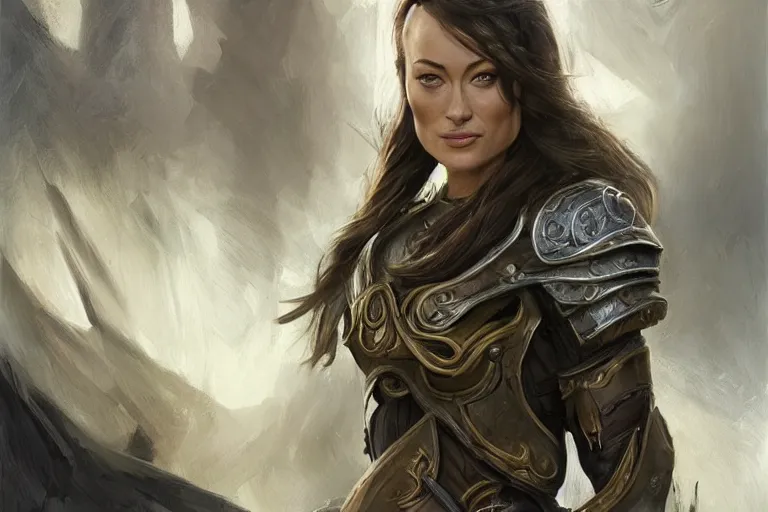 Image similar to a professional painting of Olivia Wilde clothed in military armor, olive skin, long dark hair, beautiful bone structure, symmetrical facial features, intricate, elegant, digital painting, concept art, smooth, sharp focus, illustration, from WarCraft by Ruan Jia and Mandy Jurgens and Artgerm and William-Adolphe Bouguerea