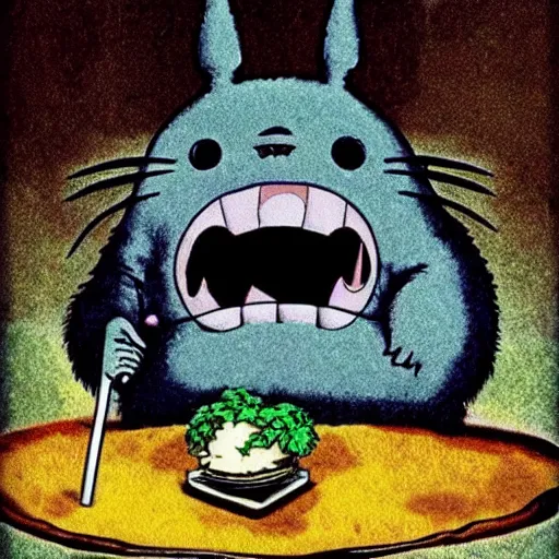 Prompt: Totoro eating god, Junji Ito style