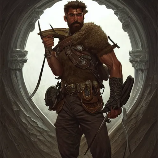 Image similar to portrait of rugged male ranger, d & d, muscular, fantasy, intricate, elegant, highly detailed, digital painting, artstation, concept art, smooth, sharp focus, illustration, art by artgerm and greg rutkowski and alphonse mucha