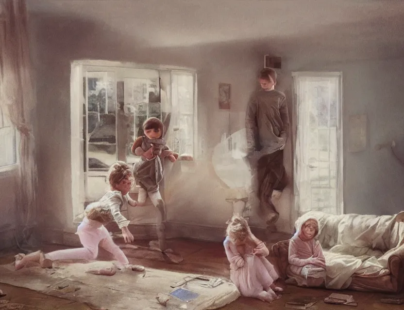 Prompt: kids playing in country house, cottage core, cinematic focus, polaroid photo bleached vintage pastel colors high - key lighting, soft lights, foggy, by steve hanks, by lisa yuskavage, by serov valentin, by tarkovsky, 8 k render, detailed, oil on canvas