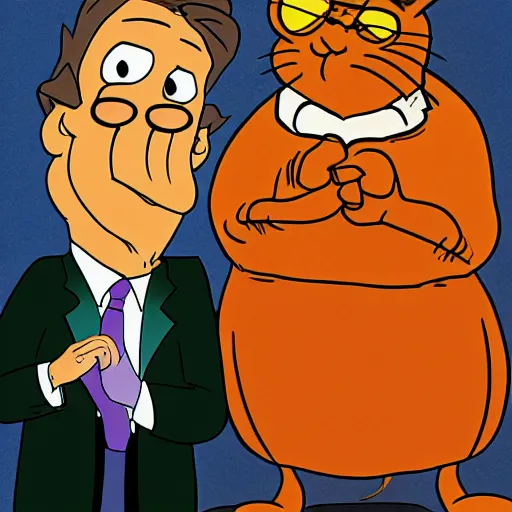 Image similar to garfield hanging out with jon stewart in the cartoon style of the new yorker