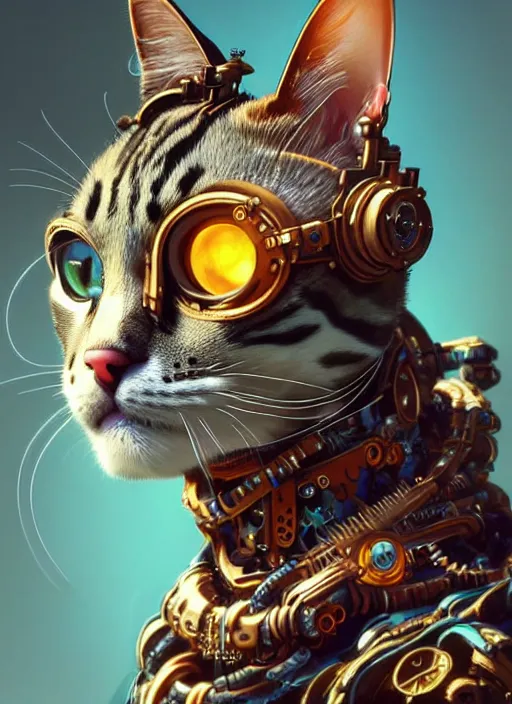 Prompt: portrait of a cat, robot steampunk, floral! horizon zero dawn machine, intricate, elegant, highly detailed, ray tracing, digital painting, artstation, concept art, smooth, sharp focus, illustration, art by artgerm and greg rutkowski and alphonse mucha, 8 k