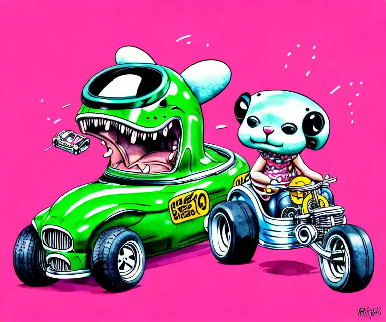 Prompt: cute and funny, baby jaguar wearing a helmet riding in a hot rod with oversized engine, ratfink style by ed roth, centered award winning watercolor pen illustration, isometric illustration by chihiro iwasaki, edited by range murata, tiny details by artgerm and watercolor girl, symmetrically isometrically centered, sharply focused
