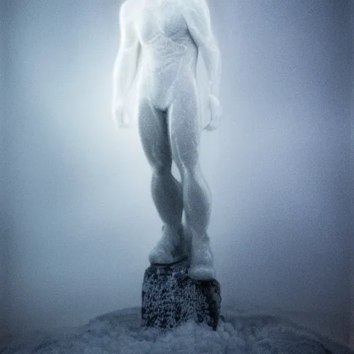 Prompt: iceman portrait, full body. ice twirls around the figure, haze. dark shadows in the background. volumetric light. heavy stormy clouds forming tornado above. all made from ice. h. r. giger.