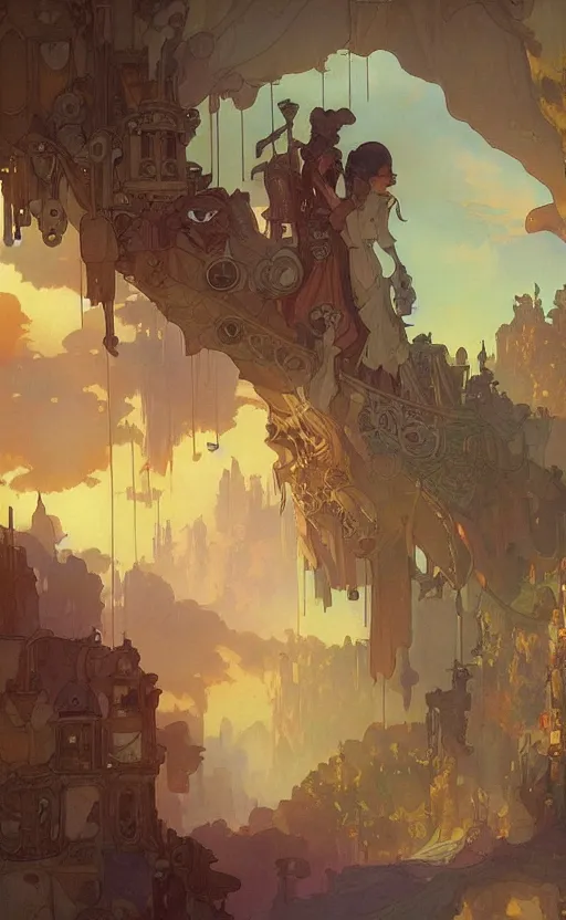 Image similar to A beautiful landscape painting of steampunk landscape by Alfons Maria Mucha and Julie Dillon and Makoto Shinkai