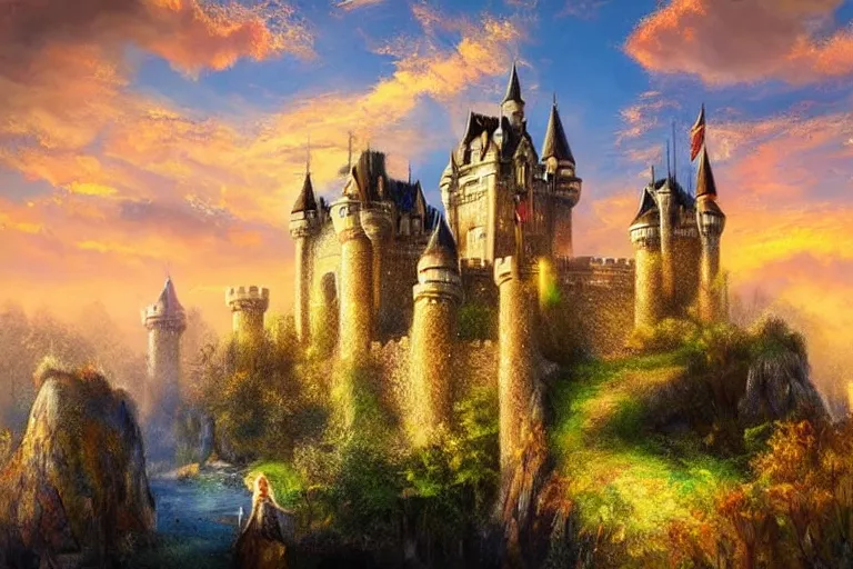 Image similar to castle, fantasy, painting, ultra realistic!!!, clear weather, golden hour, sharp focus