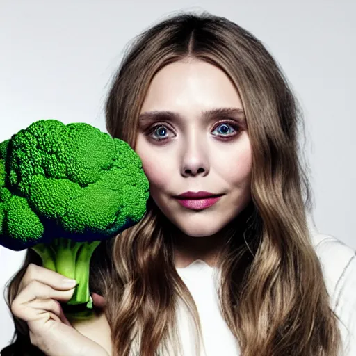 Image similar to elizabeth olsen with a [ head made of broccoli ]!!, trending on cgsociety, 4 k quality, intricate