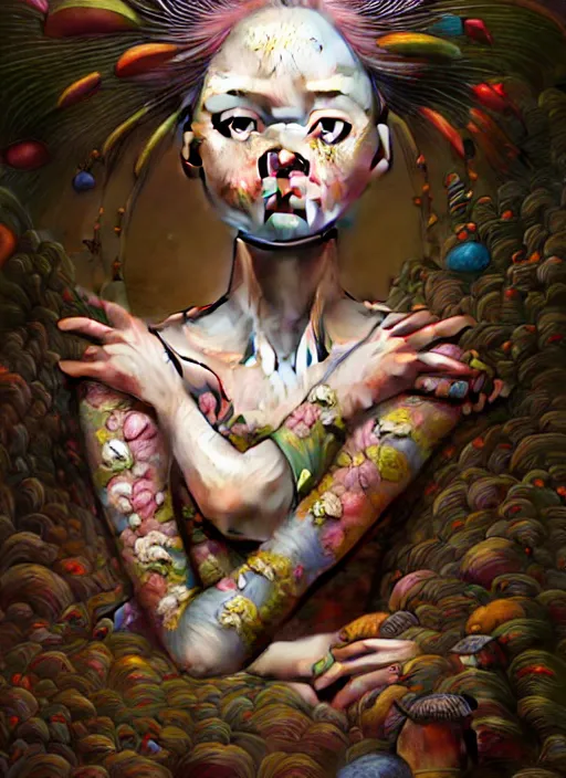 Image similar to hyper detailed 3d render like a Oil painting female kawaii portrait by Jacek Yerka, Ray Caesar, Benjamin Lacombe,Mariusz Lewandowski, Houdini algorithmic generative render, Abstract brush strokes, Masterpiece, Edward Hopper and James Gilleard, Zdzislaw Beksinski, Mark Ryden, Wolfgang Lettl, hints of Yayoi Kasuma, octane render, 8k