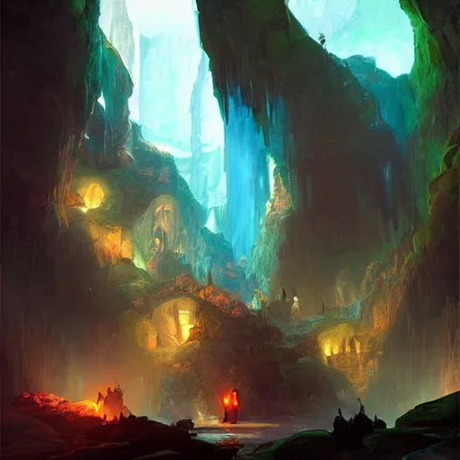 Prompt: a painting of a glowing gem filled cave 4k detailed ross tran gurney frank frazetta skeeva gal barkan matayosi high fantasy concept key art