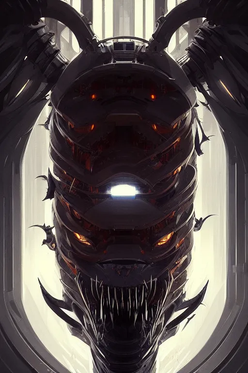 Image similar to professional concept art symmetrical portrait of a horrendous mechanical predatory species in a dark room by artgerm and greg rutkowski. an intricate, elegant, highly detailed digital painting, abstraction, concept art, smooth, sharp focus, illustration, in the style of cam sykes.