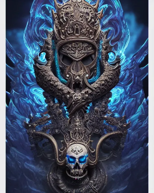 Image similar to 3 d ornate carved lich king with tattoos profile portrait, sigma 5 0 0 mm f / 5. beautiful intricate highly detailed quetzalcoatl skull. bioluminescent, plasma, lava, ice, water, wind, creature, thunderstorm! artwork by tooth wu and wlop and beeple and greg rutkowski, 8 k trending on artstation