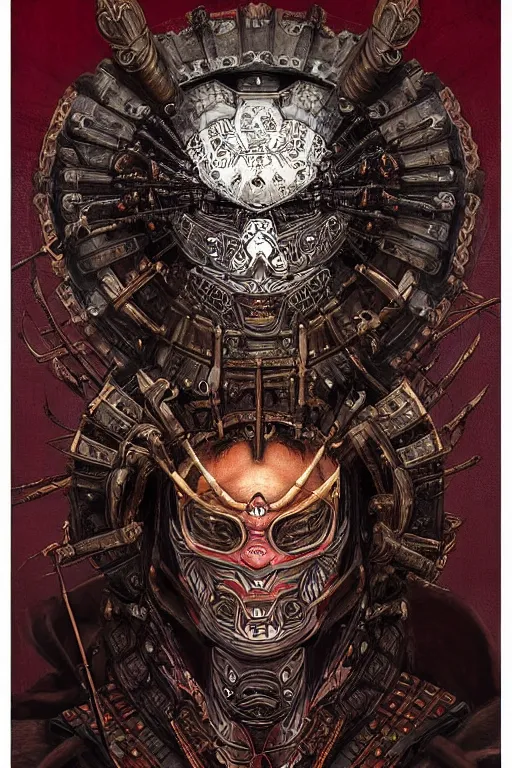 Prompt: digital face portrait painting of a male samurai warrior by yoshitaka amano, victo ngai, terese nielsen, samurai armour by h. r. giger, in the style of dark - fantasy, intricate detail, skull motifs, red, bronze, artgerm