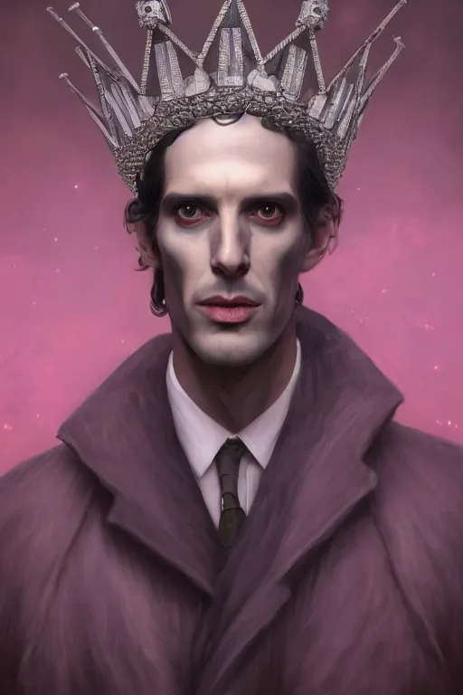 Image similar to portrait of a tall thin man wearing an elaborate crown, straight on portrait, by artgerm, tom bagshaw, gerald brom, vaporwave colors, lo fi colors, vaporwave, lo fi, 2 point studio lighting, dramatic lighting, creepy aesthetic, 4 k, hd,