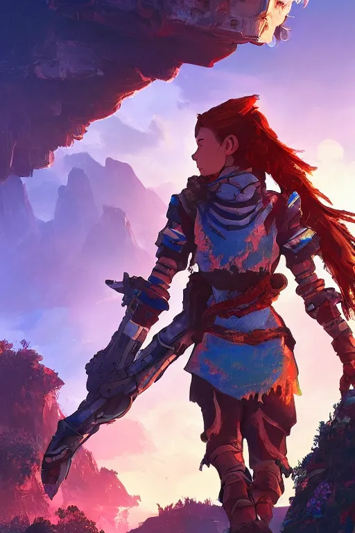 Image similar to combination suit armor aloy horizon forbidden west horizon zero dawn radiating a glowing aura global illumination ray tracing hdr fanart arstation by ian pesty and alena aenami artworks in 4 k tribal robot ninja mask helmet backpack