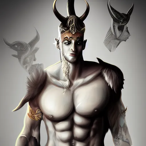 Prompt: fit male demon with white horns, young, costume design, still, photograph, digital painting, trending on artstation, masterpiece, in the style of JB Casacop