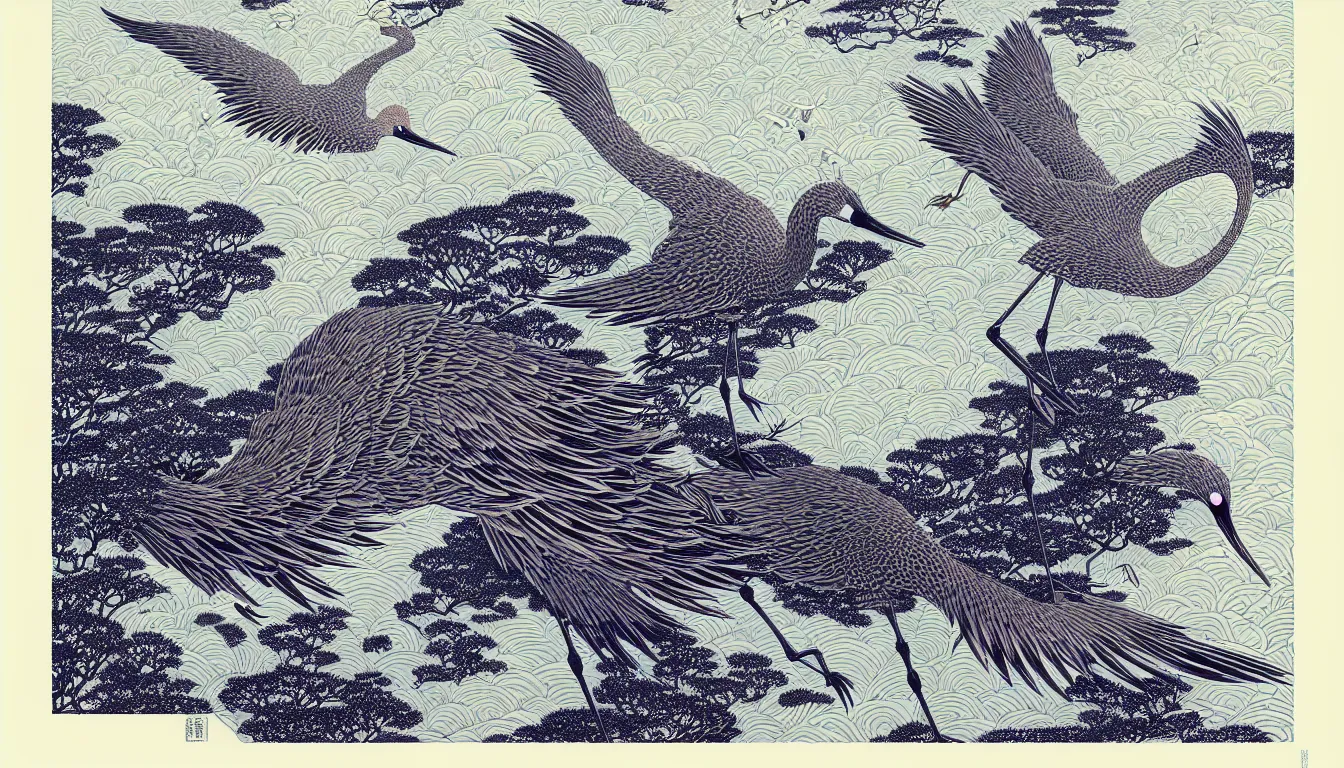 Image similar to japanese crane by woodblock print, nicolas delort, moebius, victo ngai, josan gonzalez, kilian eng