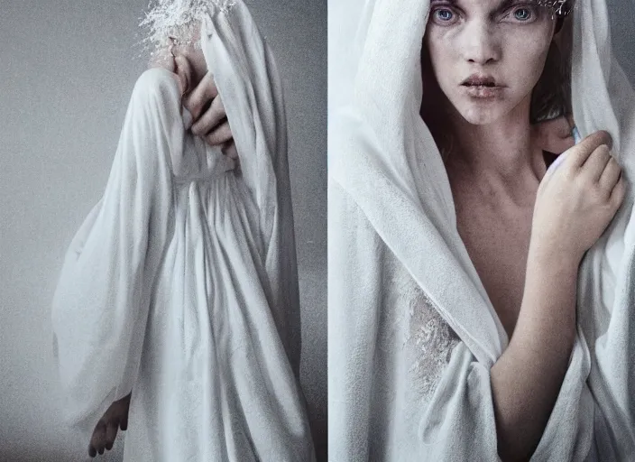 Image similar to nails and needles sticking out of a stupid head, in style of paolo roversi, britt marling style 3 / 4, a beautiful ethereal lace white robe, 8 k, soft focus, soft light, volumetric lighting, highly detailed realistic, refined, highly detailed, natural outdoor soft pastel lighting colors scheme