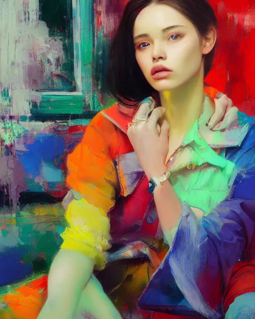 Image similar to a ultradetailed beautiful panting of a stylish woman sitting on the floor in a tiled room, she is wearing streetwear, bright colors, highly detailed face, oil painting, by ruan jia