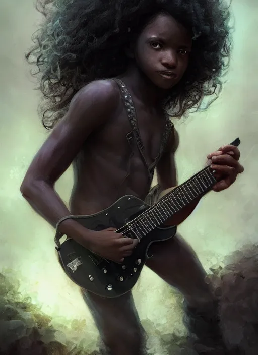 Image similar to fantasy changeling black kid with long curly hair playing electric guitar, half half, dim light, front game card, marvel comics, dark, intricate, highly detailed, smooth, artstation, digital illustration by ruan jia and mandy jurgens and artgerm and wayne barlowe and greg rutkowski and zdislav beksinski