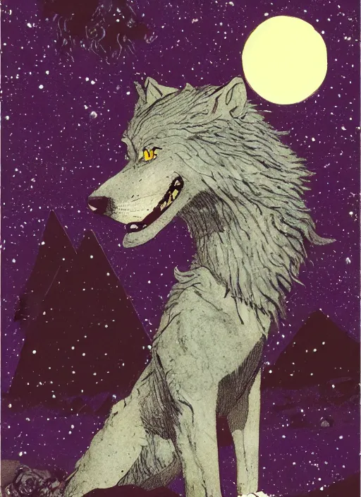 Image similar to a dire wolf howls in the moonlight near the pyramid of giza in the sky 2 3 twinkling purple stars on the cover of a vintage sandman graphic novel by dave mckean and james jean, muted colours, dreary atmosphere